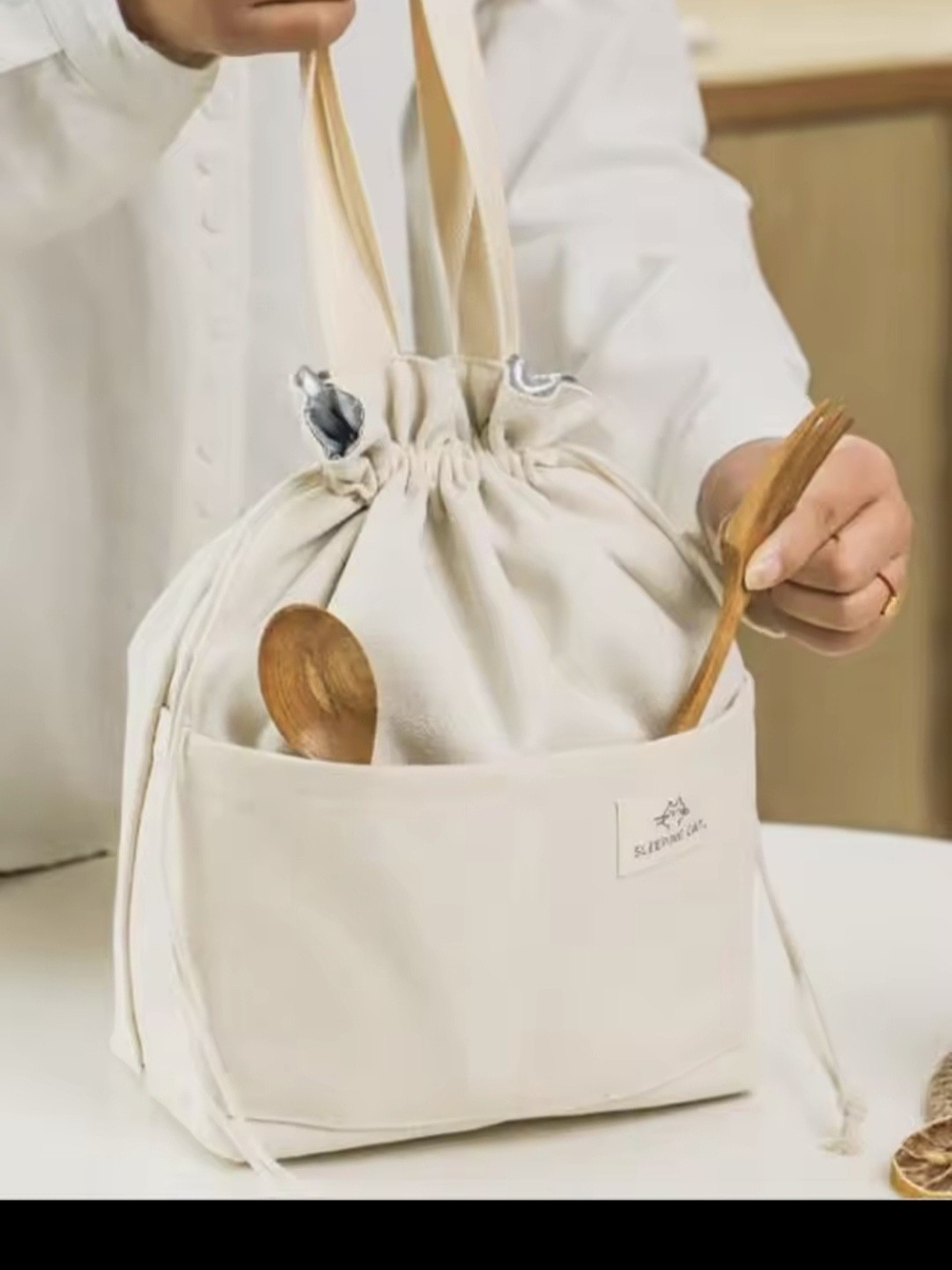 Cream Canvas Drawstring Tote with Front Pocket Insulated Lunch Bag Cooler Mini P